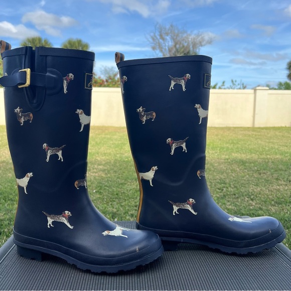 Joules Printed Navy Adjustable Tall Waterproof Wellies Rain Boots Dogs Size 10 - Picture 7 of 13